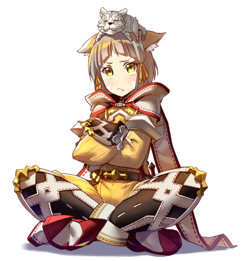 animal animal_ears bangs black_gloves black_legwear blush bodysuit boots byakko_(xenoblade) cat_ears check_commentary chikugen_shiina closed_eyes closed_mouth commentary commentary_request crossed_arms crossed_legs fang fang_out gloves hair_ribbon head_tilt highres light_brown_hair niyah on_head red_footwear ribbon short_hair sitting thighhighs tiger white_background white_tiger xenoblade_(series) xenoblade_2 yellow_bodysuit yellow_eyes yellow_ribbon younger