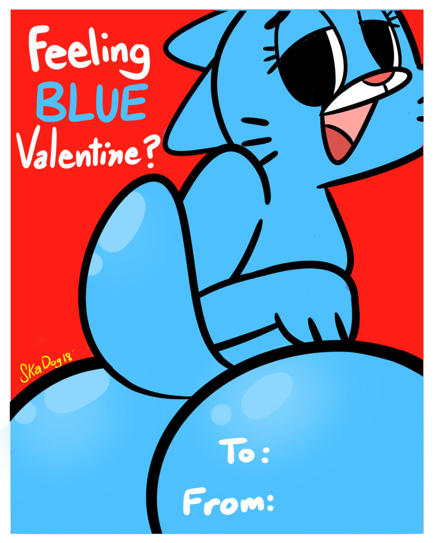 2018 anthro blue_fur butt cartoon_network cat digital_media_(artwork) english_text feline female fur holidays looking_at_viewer looking_back mammal mature_female mother nicole_watterson nude open_mouth parent presenting presenting_hindquarters rear_view red_background simple_background skadog solo text the_amazing_world_of_gumball valentine's_day whiskers