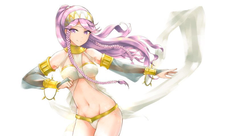 armband braid breasts bridal_gauntlets elbow_gloves fire_emblem fire_emblem:_kakusei gloves groin hairband highres kuso_otoko long_hair looking_at_viewer medium_breasts midriff navel olivia_(fire_emblem) ponytail simple_background smile solo twin_braids white_background wristband