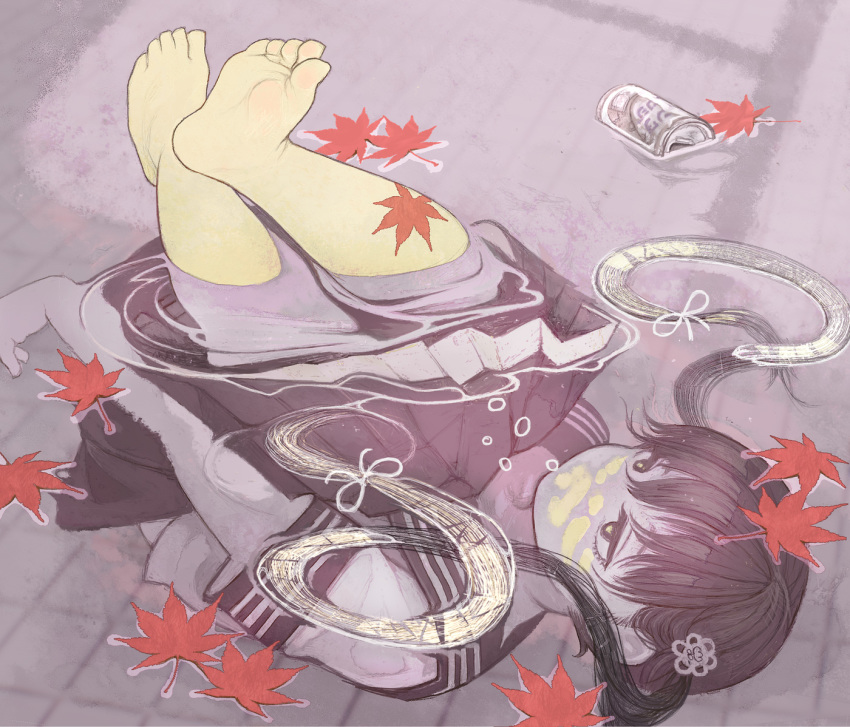 air_bubble autumn autumn_leaves bare_legs barefoot black_eyes black_hair bow bubble can catcar0983 commentary_request expressionless feet floating full_body hair_bow hair_ornament inugami-ke_no_ichizoku_pose leaf limited_palette maple_leaf original pleated_skirt pool sailor_collar school_uniform serafuku skirt soles solo toes underwater