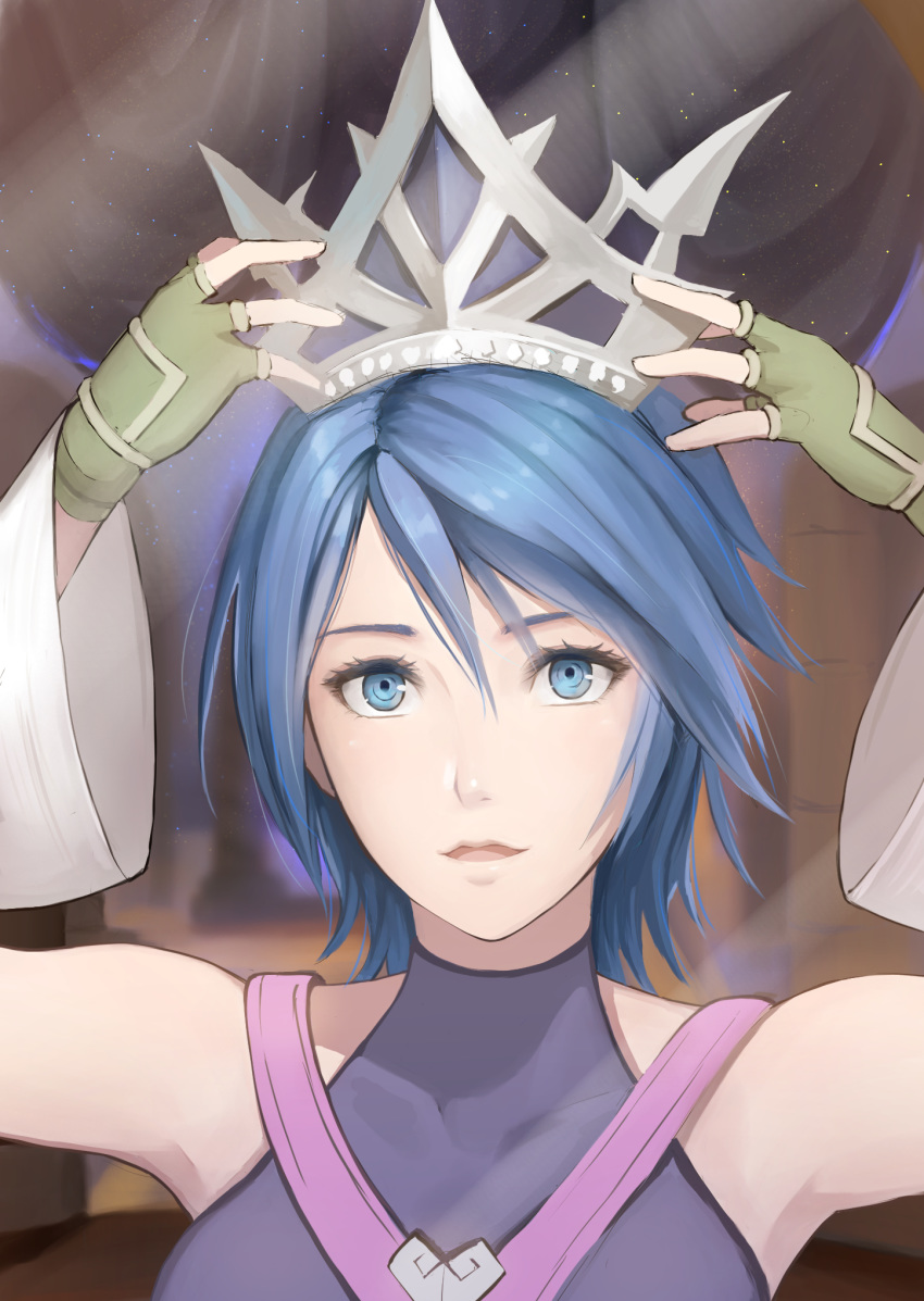 aqua_(kingdom_hearts) blue_eyes blue_hair breasts commentary_request detached_sleeves gloves gogo_(detteiu_de) highres kingdom_hearts kingdom_hearts_0.2_birth_by_sleep_-a_fragmentary_passage- kingdom_hearts_birth_by_sleep looking_at_viewer medium_breasts medium_hair solo