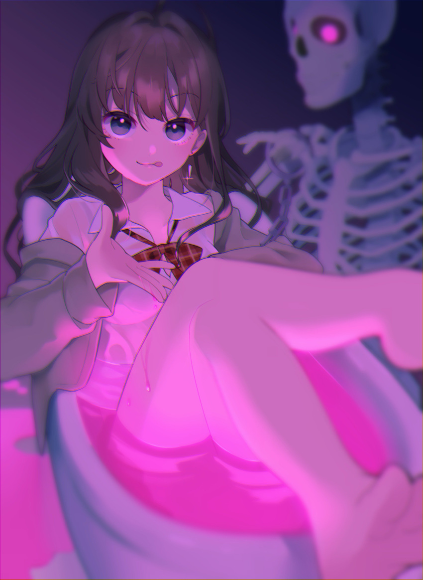 :q absurdres ahoge bangs bare_legs barefoot bathtub blue_eyes blurry blurry_background blurry_foreground bow bowtie brown_hair closed_mouth collared_shirt crossed_legs depth_of_field earrings eyebrows_visible_through_hair foreshortening glint glowing glowing_eyes highres ichinose_shiki idolmaster idolmaster_cinderella_girls jacket jewelry legs_up liquid long_hair long_sleeves looking_at_viewer open_clothes open_jacket partially_submerged red_bow red_neckwear shirt skeleton smile solo tareme tongue tongue_out uso_(ameuzaki) white_shirt wing_collar