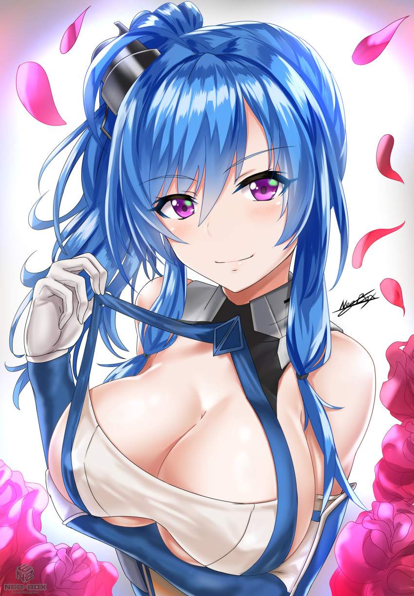 absurdres ahoge arm_guards artist_name azur_lane bangs bare_shoulders blue_hair blush breast_hold breasts cleavage closed_mouth elbow_gloves eyebrows_visible_through_hair eyelashes flower gloves gradient gradient_background hair_between_eyes headgear highres large_breasts long_hair looking_at_viewer nez-kun petals pink_flower ponytail pulled_by_self shiny shiny_hair shiny_skin signature sleeveless smile solo st._louis_(azur_lane) strap_pull tsurime underboob underboob_cutout upper_body white_gloves