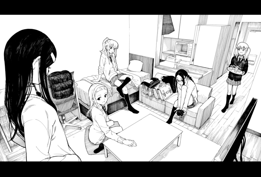 :d arm_support bangs_pinned_back bed bed_sheet braid cardigan chair collared_shirt commentary_request copyright_request couch crossed_legs daftbonkers desk door flat_screen_tv foreshortening greyscale hairband highres holding indoors kotatsu letterboxed long_hair looking_at_viewer looking_back microwave monochrome multiple_girls necktie no_shoes office_chair open_mouth perspective pillow pleated_skirt ponytail refrigerator school_uniform shirt single_braid sink sitting skirt smile socks table television tray twintails undressing walking wariza wing_collar wooden_floor