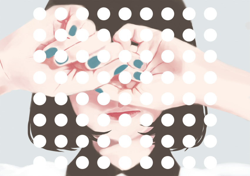 black_hair blue_nails close-up collared_shirt covered_eyes covering_eyes covering_face dots geometry hair_over_eyes hands_on_own_face lips lipstick makeup nail_polish original portrait shirokumacham shirt short_hair simple_background solo white_shirt