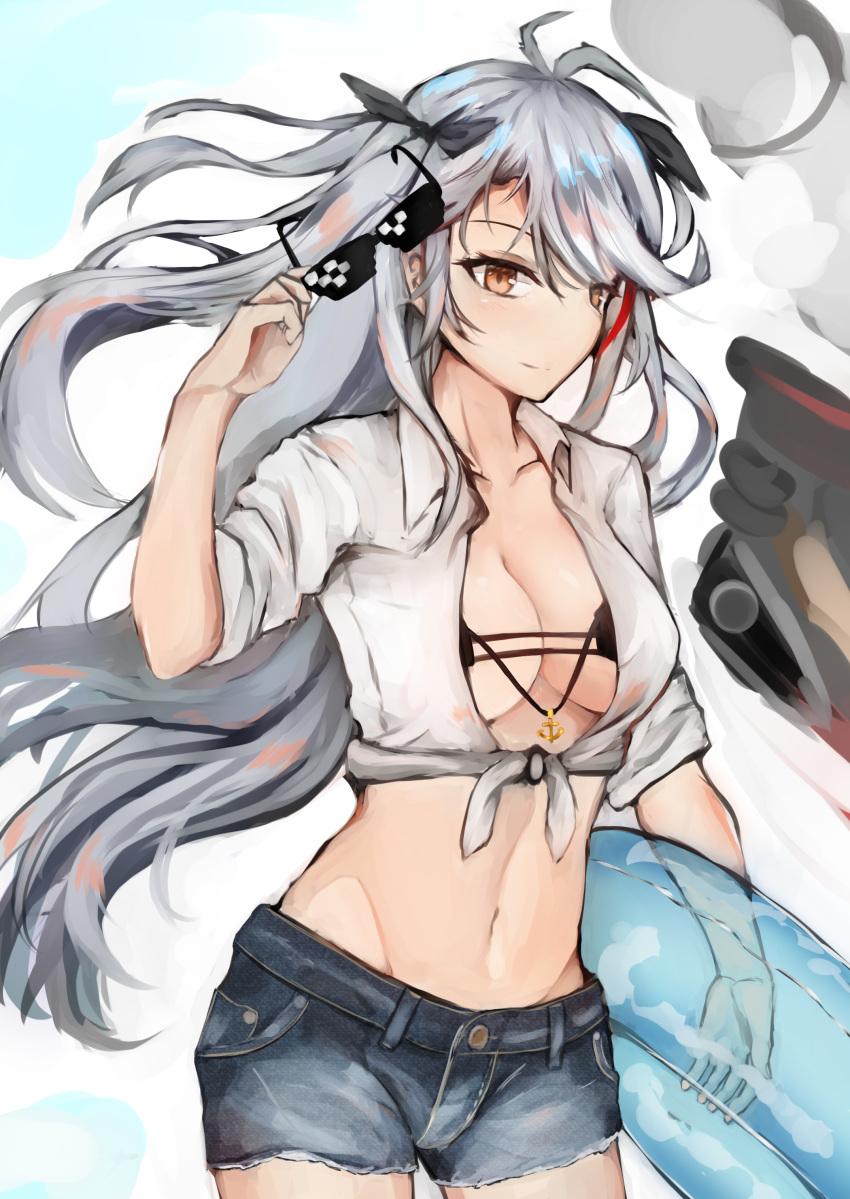 absurdres anchor antenna_hair azur_lane bangs bikini black_bikini black_bow blue_innertube bow breasts cleavage collarbone collared_shirt commentary_request cowboy_shot deal_with_it denim denim_shorts eyewear_removed floating_hair front-tie_top glasses groin hair_bow highlights highres holding holding_eyewear ikashun innertube large_breasts long_hair looking_at_viewer midriff multicolored_hair navel open_clothes open_shirt orange_eyes parted_bangs prinz_eugen_(azur_lane) red_hair shirt short_shorts shorts sidelocks silver_hair smile solo sunglasses swimsuit very_long_hair white_shirt wing_collar