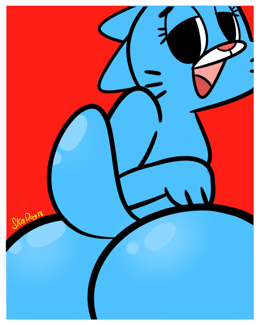 2018 anthro blue_fur butt cartoon_network cat digital_media_(artwork) feline female fur holidays looking_at_viewer looking_back mammal mature_female mother nicole_watterson nude open_mouth parent presenting presenting_hindquarters rear_view red_background simple_background skadog solo the_amazing_world_of_gumball whiskers