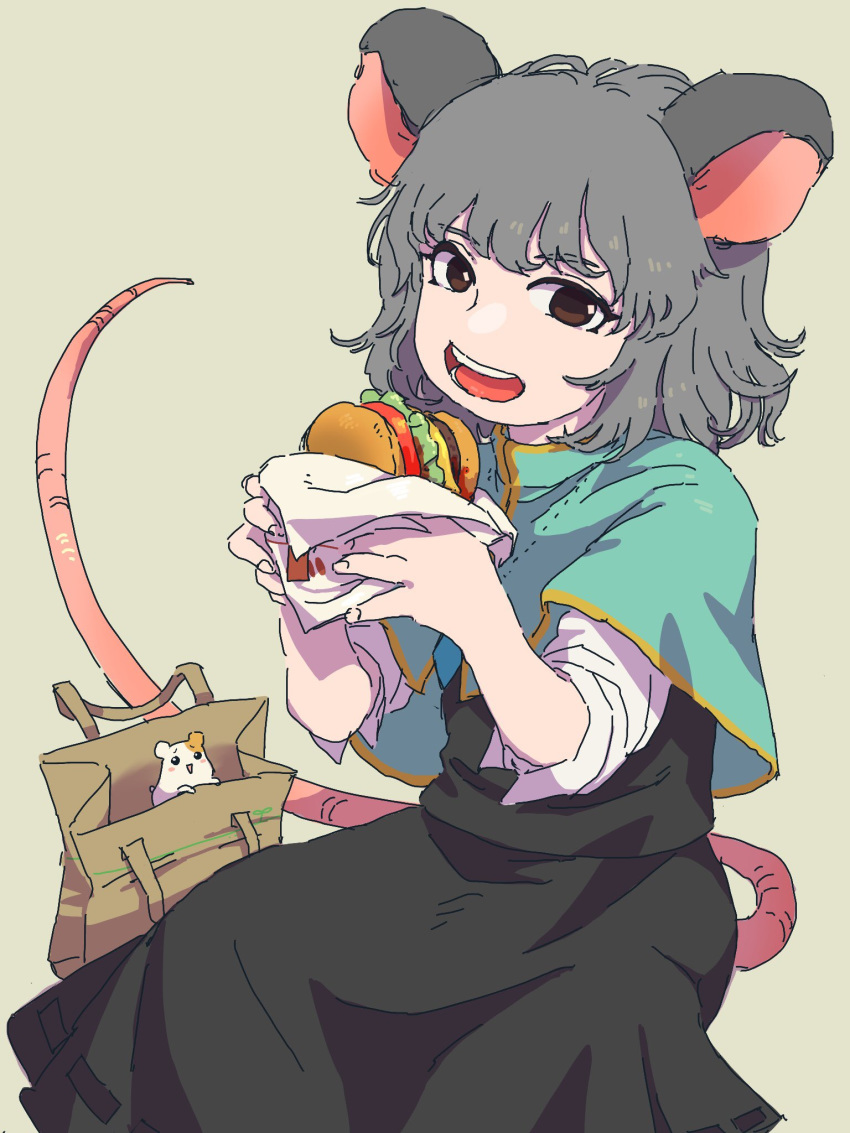 ananna animal_ears bag black_eyes black_skirt blush_stickers bread_bun brown_eyes capelet cheese commentary_request ebichu_(character) food food_wrapper grey_hair hamburger hamster highres holding holding_food lettuce medium_hair mouse_ears mouse_tail nazrin open_mouth oruchubuan_ebichu short_sleeves skirt tail tail_raised tan_background tomato touhou wrapper