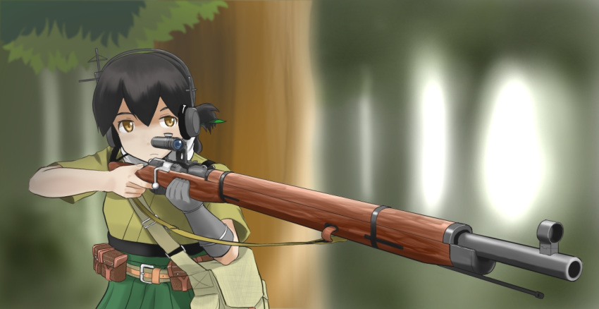 ammunition_pouch black_hair bolt_action brown_eyes commentary_request folded_ponytail green_hakama green_kimono green_ribbon gun hair_ribbon hakama headphones holding holding_weapon japanese_clothes kantai_collection kasuga_maru_(kantai_collection) kimono maaranto mosin-nagant pouch ribbon rifle short_hair sniper_rifle solo standing taiyou_(kantai_collection) weapon