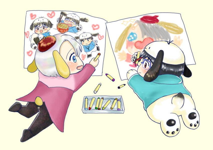 animal_ears animal_hat black_hair blue-framed_eyewear blue_eyes brown_eyes cosplay crayon dog_ears dog_hat dog_tail drawing from_behind glasses hat highres ichigo_daifuku_(blumenwalzer0903) katsuki_yuuri lying male_focus multiple_boys on_stomach pochacco pochacco_(cosplay) pompompurin pompompurin_(cosplay) sanrio silver_hair tail viktor_nikiforov yuri!!!_on_ice