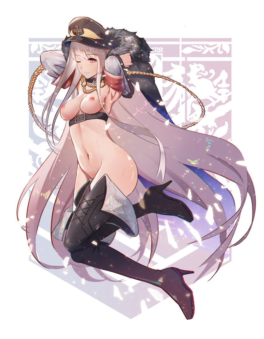 absurdres armpits arms_behind_head bangs belt black_choker black_footwear boots bottomless braid breasts cat_ear_panties choker cross_choker detached_sleeves eyebrows_visible_through_hair from_side full_body fur fur_collar fur_trim girls_frontline highres holding iron_cross jewelry kar98k_(girls_frontline) long_hair looking_away medium_breasts navel necklace nipples one_eye_closed panties red_eyes shiny shiny_skin sidelocks solo standing ten_no_hoshi thigh_boots thighhighs topless underwear white_hair wide_sleeves