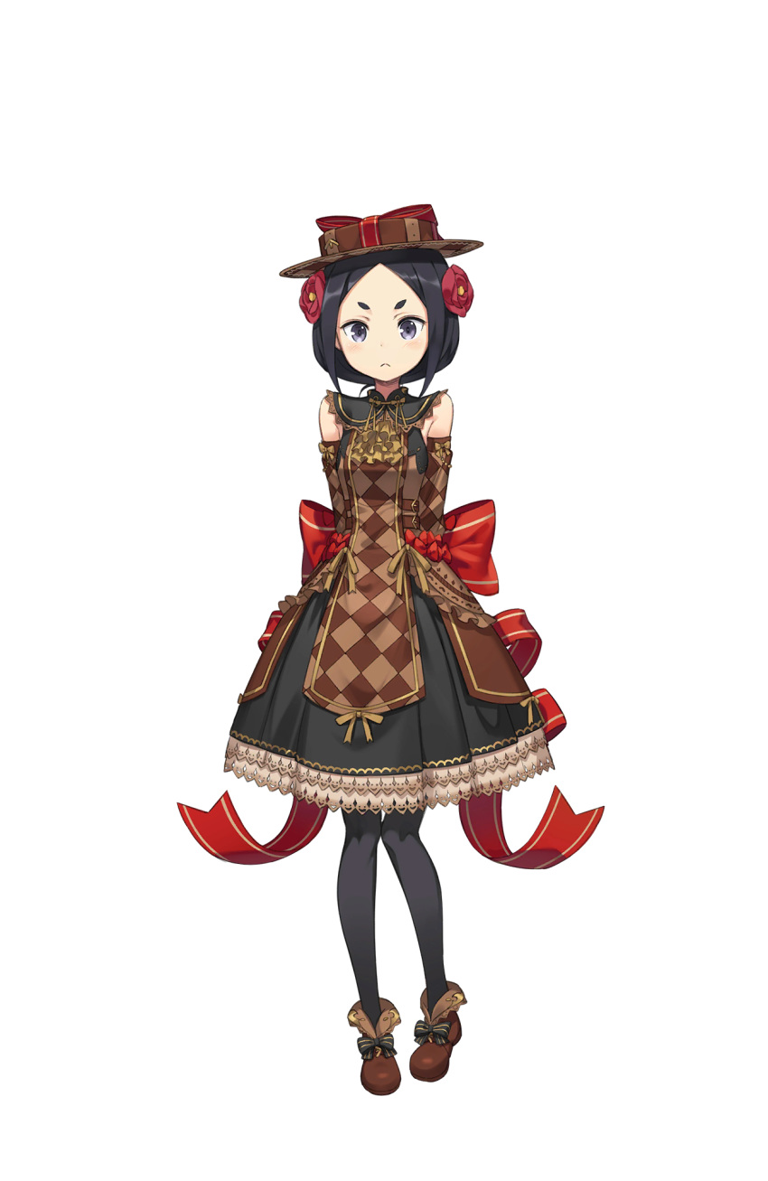 argyle arms_at_sides black_dress black_eyes black_hair black_legwear brown_dress brown_footwear brown_hat dress elbow_gloves flower frown full_body gloves hair_flower hair_ornament hat highres looking_at_viewer makaria official_art pantyhose princess_principal princess_principal_game_of_mission short_hair solo standing thick_eyebrows toudou_chise transparent_background