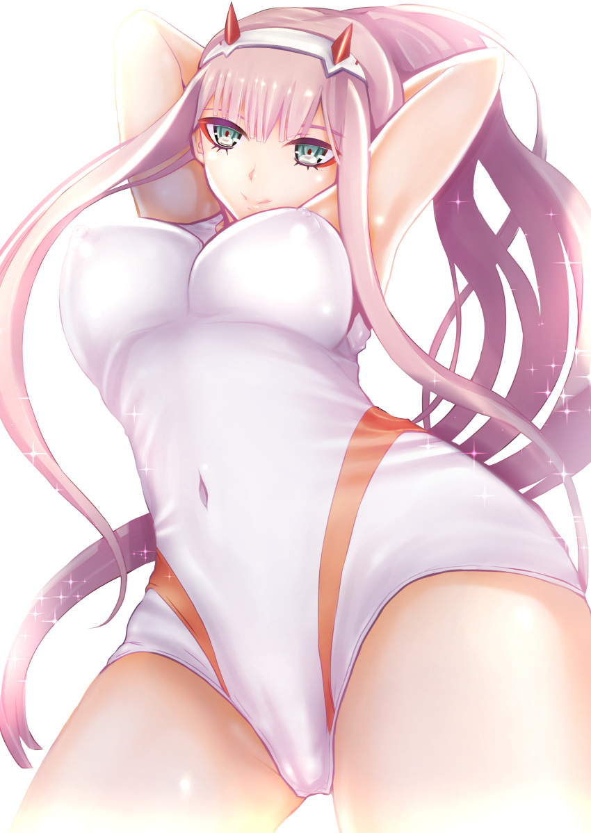 absurdres aqua_eyes armpits arms_up bangs breasts commentary_request darling_in_the_franxx eyebrows_visible_through_hair eyeshadow hairband highres horns long_hair looking_at_viewer makeup medium_breasts navel_cutout pink_hair shiny shiny_hair solo straight_hair swimsuit teruru white_hairband zero_two_(darling_in_the_franxx)
