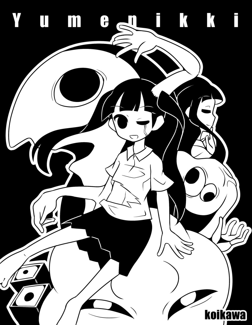 bangs barefoot black_background blunt_bangs closed_eyes collared_shirt commentary_request copyright_name extra_arms fisheye greyscale highres koikawa_hayato long_hair looking_at_viewer monochrome monoe monoko monster multiple_girls no_nose one_eye_closed open_mouth original shirt short_sleeves skirt strabismus twintails wall-eyed yume_nikki yume_nikki_dream_diary