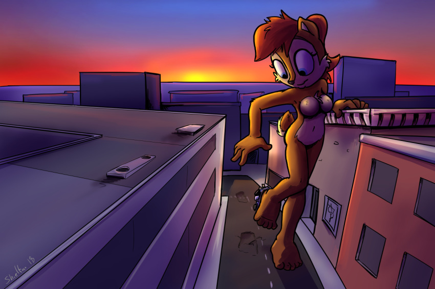 anthro blue_eyes breasts building car chipmunk city destruction featureless_breasts female macro mammal nude rodent sally_acorn shieltar sonic_(series) stomping sunset vehicle