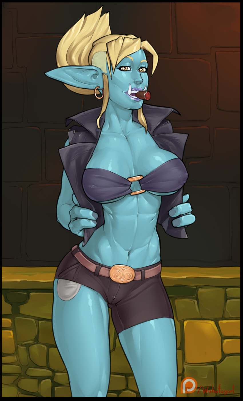 2018 3_fingers abs bikini blonde_hair breasts cigar clothed clothing ear_piercing female hair long_ears looking_at_viewer not_furry piercing pointy_ears smoking solo standing swimsuit tight_clothing troll tusks video_games wahafagart warcraft