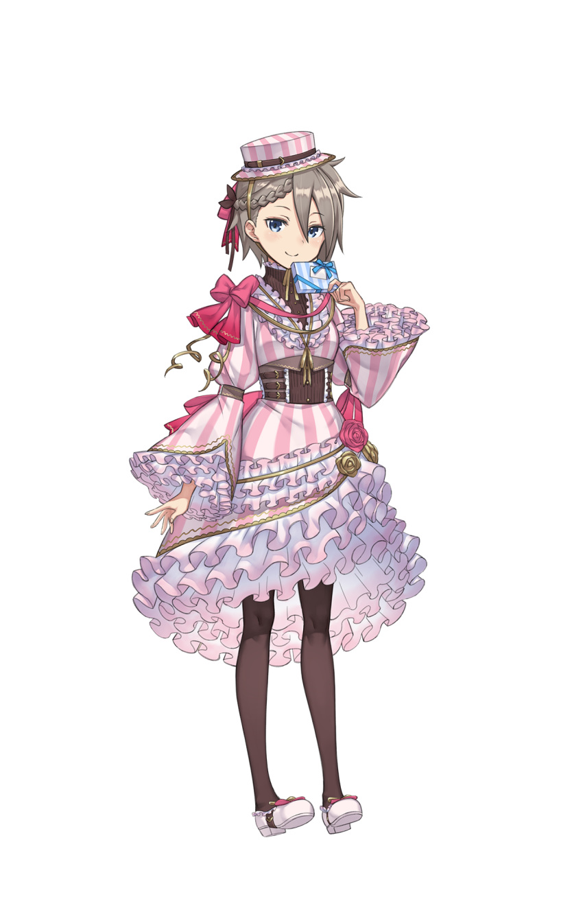 ange_(princess_principal) asymmetrical_hair black_legwear blue_eyes bow braid dress full_body gift grey_hair hat hat_belt highres looking_at_viewer makaria official_art pantyhose petticoat pink_bow pink_dress pink_hat princess_principal princess_principal_game_of_mission solo standing striped striped_dress striped_hat transparent_background white_footwear