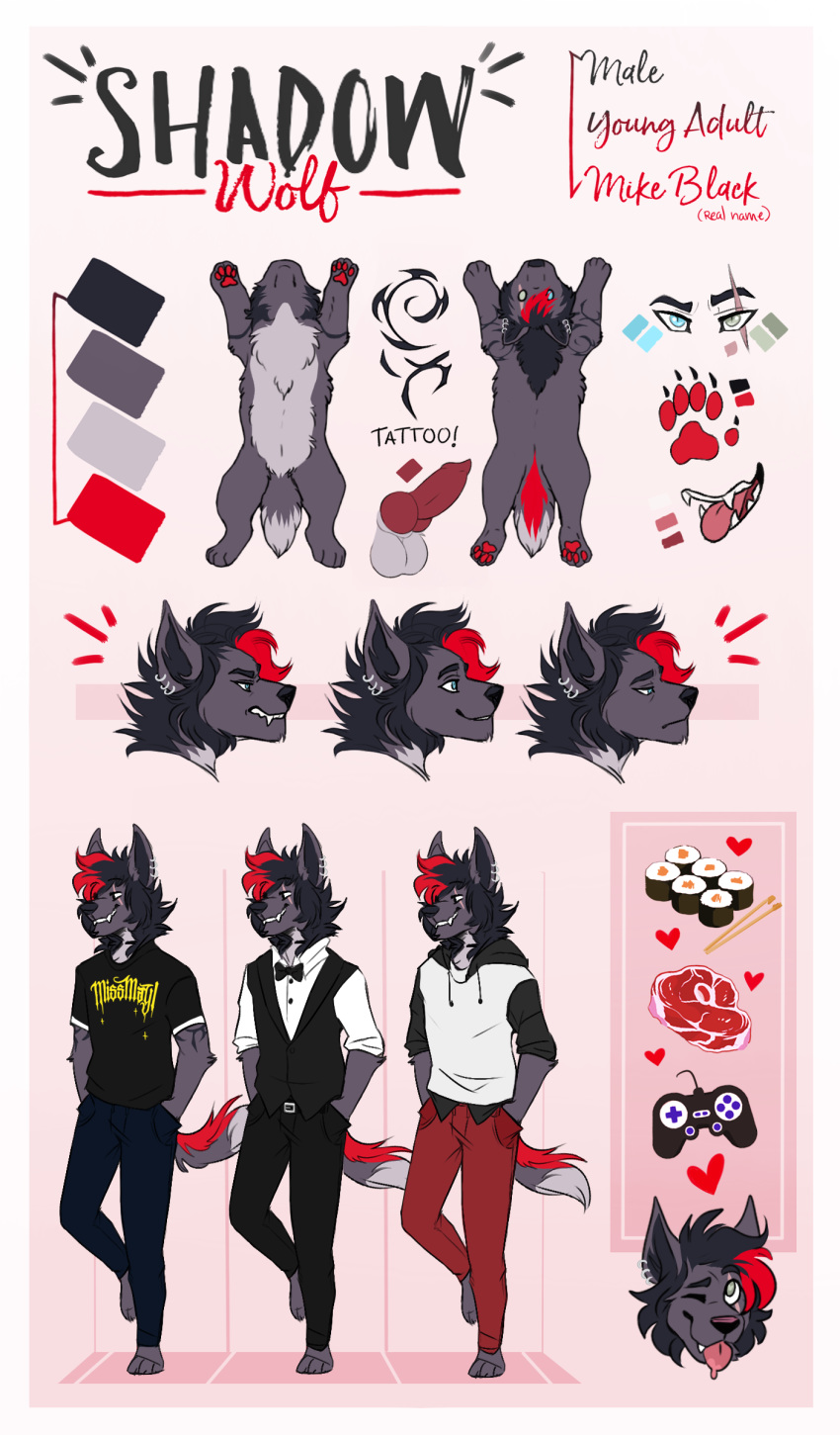 anthro blind_eye bow_tie canine claws clothing colored_hair controller ear_piercing feral food hoodie knot male mammal mike_black model_sheet mohawk pawpads piercing rawrer~ scar steak sushi tattoo tongue tongue_out tuxedo wolf