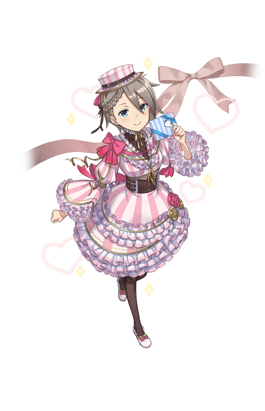 ange_(princess_principal) asymmetrical_hair black_legwear blue_eyes blush bow braid clenched_hand dress full_body gift grey_hair hat hat_belt heart highres looking_at_viewer makaria official_art pantyhose pink_bow pink_dress pink_hat pink_ribbon princess_principal princess_principal_game_of_mission ribbon solo standing striped striped_dress striped_hat transparent_background white_footwear