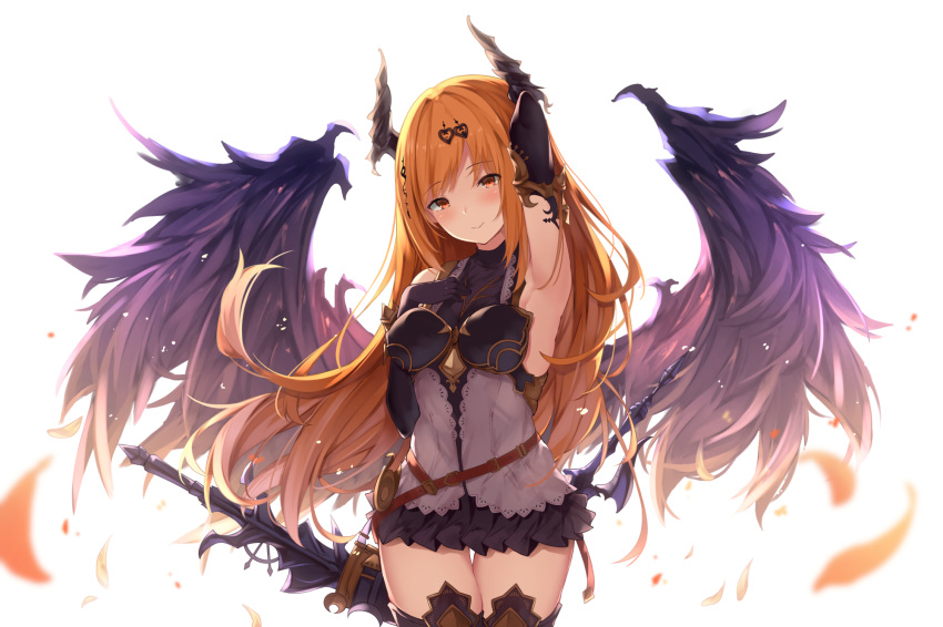 armpits bangs bare_shoulders black_gloves black_wings blonde_hair blurry blush breasts closed_mouth cowboy_shot dark_angel_olivia depth_of_field dress elbow_gloves eyebrows_visible_through_hair gloves granblue_fantasy hair_ornament highres horns looking_at_viewer medium_breasts red_eyes shaded_face sidelocks simple_background sleeveless smile solo suzuame_yatsumi thighhighs white_background wings zettai_ryouiki