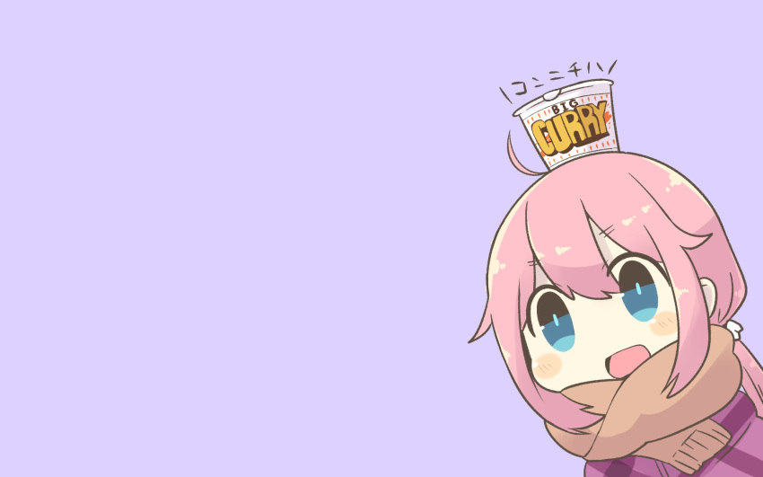 aqua_eyes blush chibi inishie kagamihara_nadeshiko pink_hair purple translation_request yuru_camp