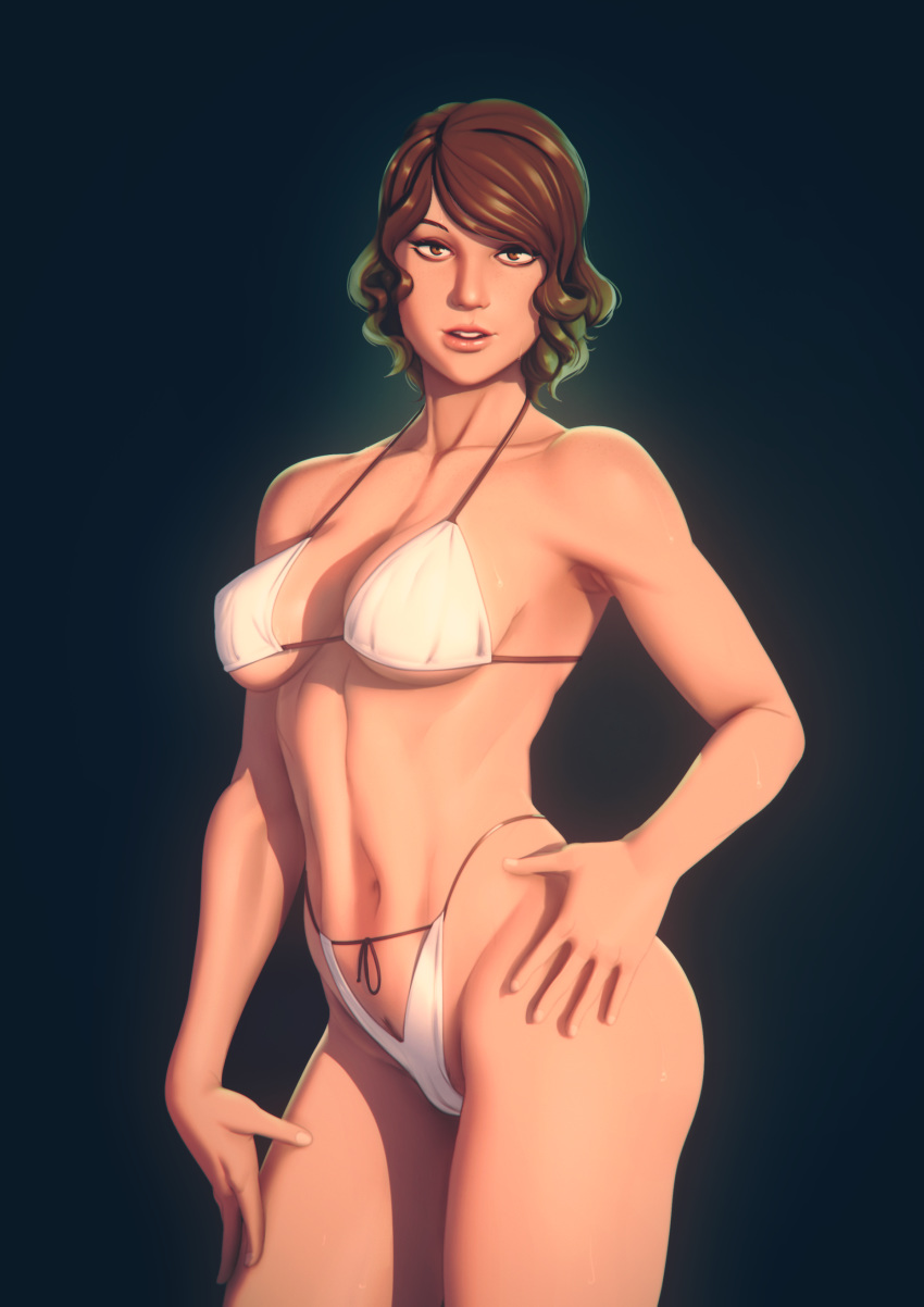 absurdres april_o'neil bad_id bad_pixiv_id bikini breasts breasts_apart brown_eyes brown_hair cameltoe covered_nipples hand_on_hip highres john_doe looking_at_viewer medium_breasts navel pubic_hair pubic_hair_peek short_hair solo stomach sweat swimsuit teenage_mutant_ninja_turtles thong_bikini toned white_bikini