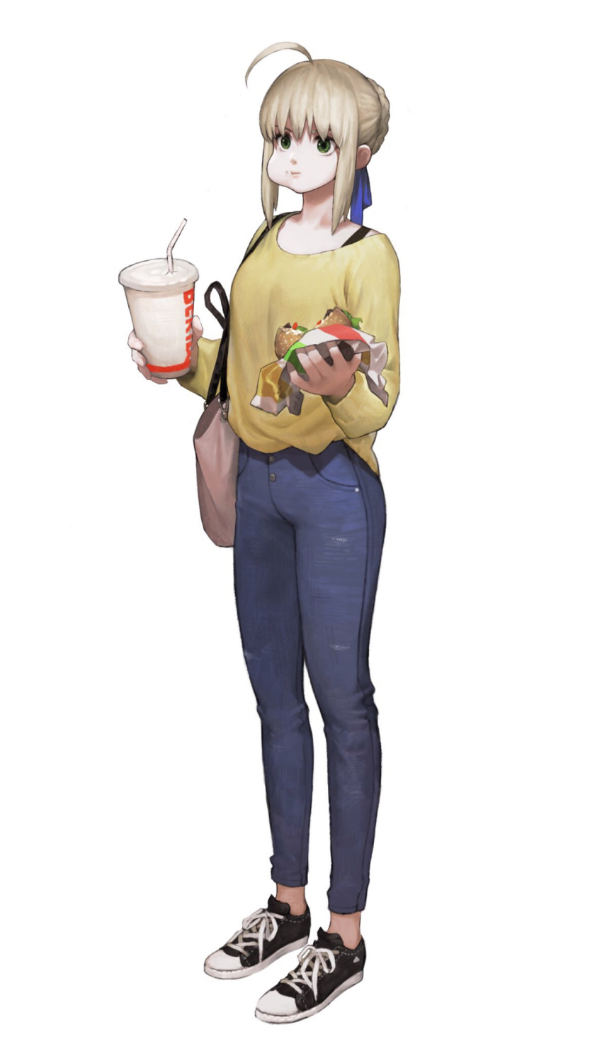 ahoge arms_up artoria_pendragon_(all) bag bangs black_footwear blonde_hair blue_pants blue_ribbon casual cheek_bulge chewing closed_mouth commentary cup denim drinking_straw fate/stay_night fate_(series) food full_body green_eyes hair_bun hair_ribbon hamburger handbag highres holding holding_food jeans jun_(seojh1029) long_sleeves pants ribbon saber shirt shoes simple_background sneakers solo standing white_background wrapper yellow_shirt
