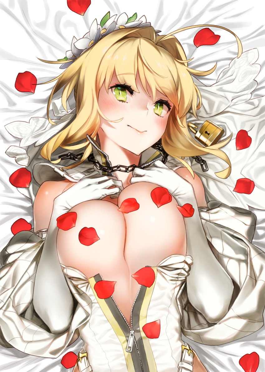 92m ahoge bare_shoulders belt blonde_hair blush breasts breasts_outside bridal_veil center_opening chain commentary_request detached_collar detached_sleeves elbow_gloves fate/extra fate/extra_ccc fate_(series) full-length_zipper gloves green_eyes hair_intakes hands_on_own_chest head_wreath highleg highleg_leotard highres large_breasts leotard leotard_pull lock lying nero_claudius_(bride)_(fate) nero_claudius_(fate)_(all) on_back padlock petals rose_petals smile solo veil white_gloves white_leotard white_sleeves wide_sleeves zipper zipper_pull_tab