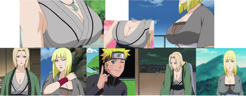 1boy 2girls age_difference blonde_hair blue_eyes breast_smother breasts brown_eyes cleavage hetero large_breasts multiple_girls naruto naruto_shippuuden raptorcloak samui tsunade uzumaki_naruto