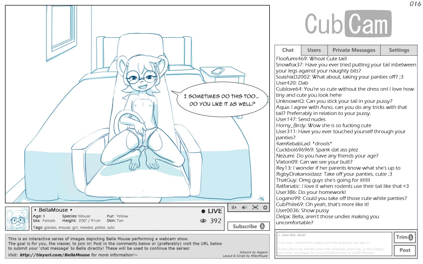 2018 absurd_res anthro aogami bed bedroom bedroom_eyes bella_mouse buckteeth cam_show camgirl chair chat chat_box clothed clothing cub cubcam digital_media_(artwork) english_text eyewear female flat_chested glasses half-closed_eyes hi_res holding_tail livestream mammal mileymouse mostly_nude mouse navel nipples office_chair panties partially_clothed presenting recording rodent seductive solo stomach tail_between_legs teasing teeth text topless underwear webcam young
