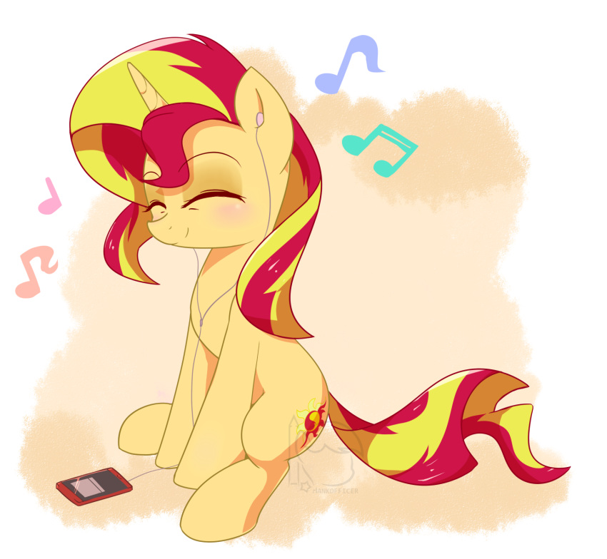 2016 alpha_channel blush cute cutie_mark earbuds equestria_girls equine eyebrows eyelashes eyes_closed female feral hair hankofficer happy headphones hi_res horn listening_to_music mammal multicolored_hair musical_note my_little_pony nude portable_music_player portrait simple_background sitting smile solo sunset_shimmer_(eg) tan_background two_tone_hair unicorn watermark