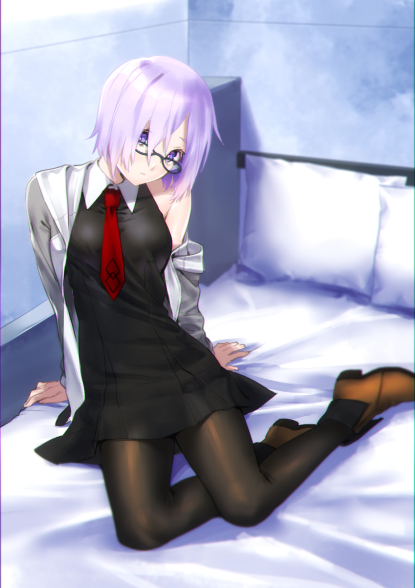 ankle_boots bare_shoulders bed bed_frame bed_sheet black-framed_eyewear black_dress black_legwear boots brown_footwear collared_dress dress fate/grand_order fate_(series) fujimon full_body glasses hair_over_one_eye head_tilt highres indoors jacket long_sleeves looking_at_viewer mash_kyrielight necktie off_shoulder on_bed open_clothes open_jacket pantyhose parted_lips pillow pink_hair purple_eyes red_neckwear short_hair sitting solo yokozuwari