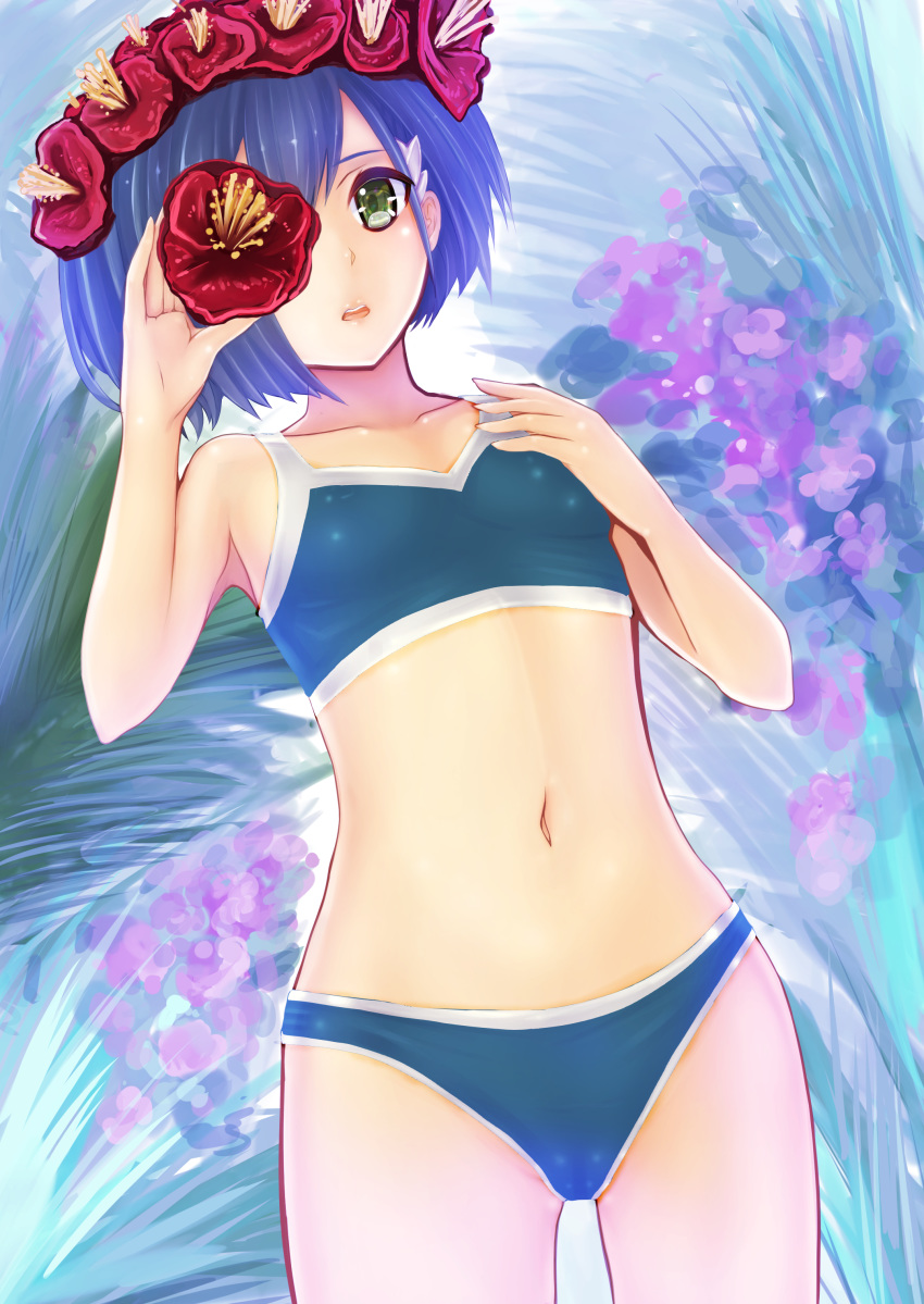 :o absurdres armpits backlighting bangs bare_arms bare_shoulders bikini blue_bikini blue_hair breasts collarbone cowboy_shot darling_in_the_franxx day dutch_angle flower flower_wreath from_below grass green_eyes hand_on_own_chest head_wreath highres holding holding_flower ichigo_(darling_in_the_franxx) lips looking_at_viewer looking_down navel open_mouth outdoors short_hair small_breasts solo standing stomach swimsuit tareme teruru