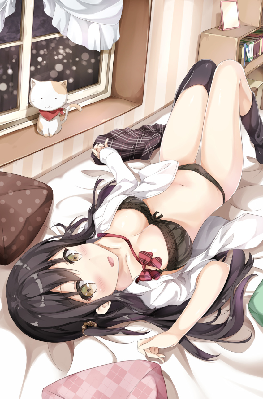 absurdres bad_revision bed bed_sheet black_bra black_hair black_legwear black_panties blouse blush book bookshelf bow bow_bra bow_panties bowtie bra breasts brown_eyes brown_scrunchie cat cleavage curtains downscaled_revision hair_ornament hair_scrunchie highres indoors long_hair looking_at_viewer lying md5_mismatch medium_breasts mirror navel on_back open_clothes original panties pantyhose pantyhose_pull pillow plaid plaid_skirt pleated_skirt school_uniform scrunchie shelf shiny shiny_hair skirt skirt_removed solo sunoril thigh_gap underwear white_blouse window