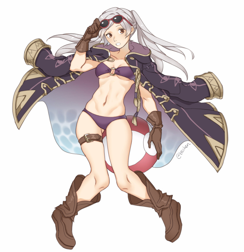 absurdres bikini boots breasts female_my_unit_(fire_emblem:_kakusei) fire_emblem fire_emblem:_kakusei fire_emblem_heroes full_body gloves highres long_hair looking_at_viewer medium_breasts my_unit_(fire_emblem:_kakusei) navel robe solo sunglasses swimsuit tecchen twintails white_background white_hair