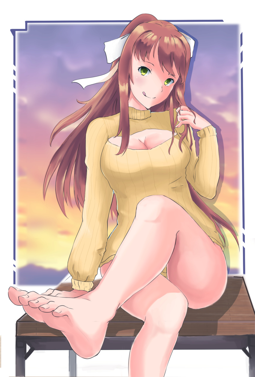 1girl barefoot brown_hair cleavage doki_doki_literature_club feet green_eyes highres legs_crossed licking_lips long_hair looking_at_viewer monika_(doki_doki_literature_club) ponytail pov pov_feet sitting soles sweater toes