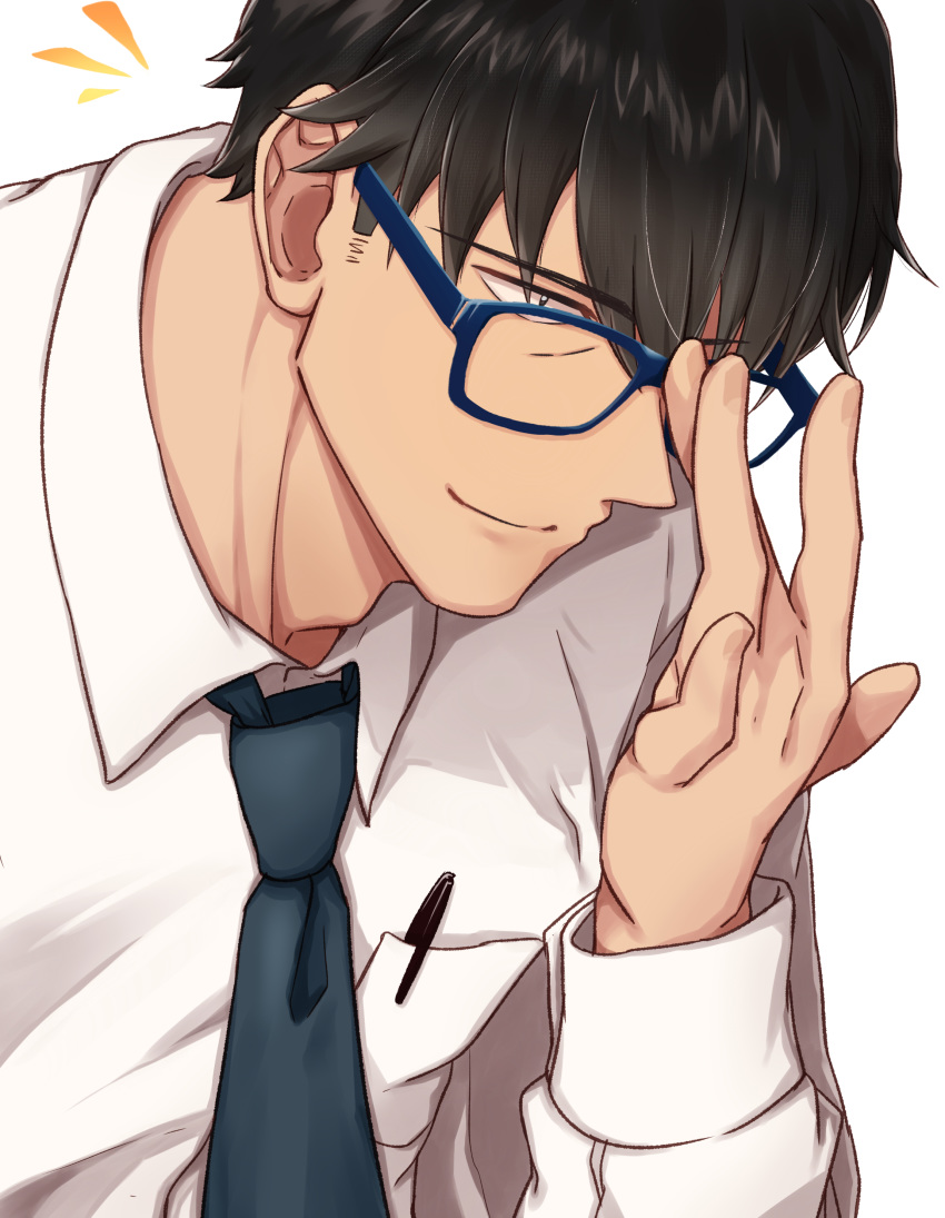 1boy absurdres adjusting_eyewear black_hair black_neckwear blue-framed_eyewear closed_mouth collared_shirt glasses highres idolmaster idolmaster_cinderella_girls long_sleeves looking_at_viewer male_focus morino_shoutarou necktie pen producer_(idolmaster_cinderella_girls_anime) shirt simple_background smile solo white_background white_shirt wing_collar