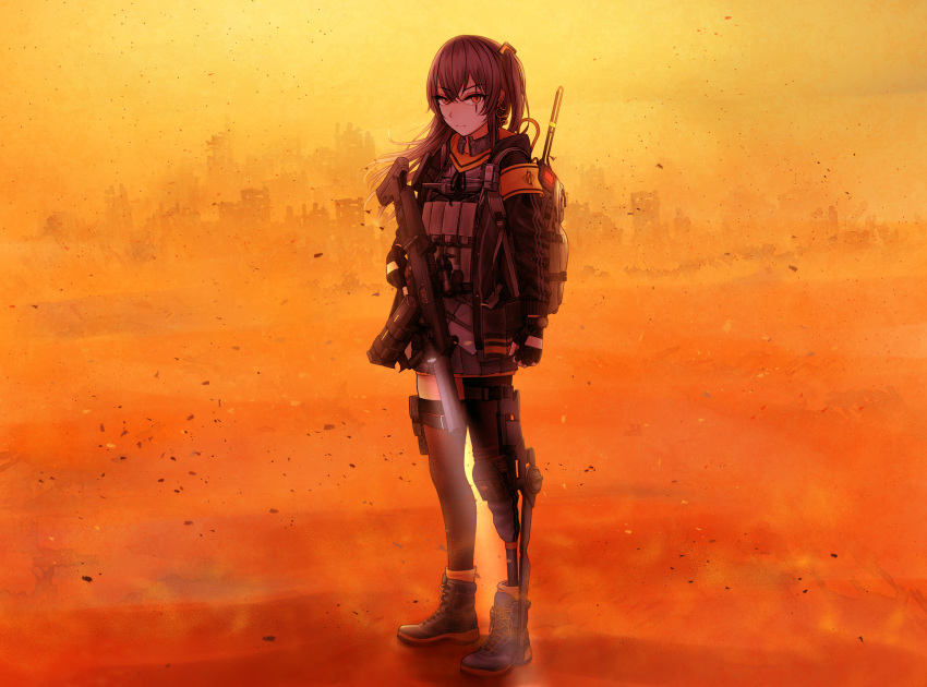ankle_boots arm_at_side armband backpack bag black_footwear black_gloves black_jacket black_legwear black_skirt boots brown_eyes bulletproof_vest closed_mouth desert expressionless facial_scar fingerless_gloves full_body girls_frontline gloves gun h&amp;k_ump headset heckler_&amp;_koch highres holding holding_gun holding_weapon jacket legs_apart light long_hair long_sleeves looking_at_viewer mechanical_arm one_side_up open_clothes open_jacket outdoors pleated_skirt red_eyes rifle ruins sandstorm scar scar_across_eye single_thighhigh skirt sniper_rifle solo submachine_gun testame thigh_strap thighhighs tsurime ump45_(girls_frontline) weapon