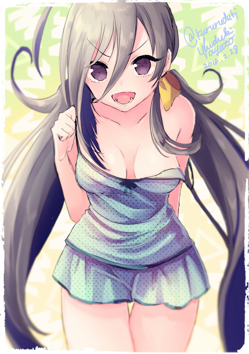 :d absurdres ahoge alternate_breast_size bare_shoulders blurry blush breasts camisole cleavage collarbone cowboy_shot dated depth_of_field eyebrows_visible_through_hair grey_hair hair_between_eyes hair_ornament highres kantai_collection kiyoshimo_(kantai_collection) long_hair looking_at_viewer low_twintails medium_breasts open_mouth polka_dot polka_dot_shorts pulled_by_self purple_eyes shorts smile solo spaghetti_strap standing strap_pull strap_slip suuzuki_ayato tareme thigh_gap twintails twitter_username unmoving_pattern v-shaped_eyebrows very_long_hair
