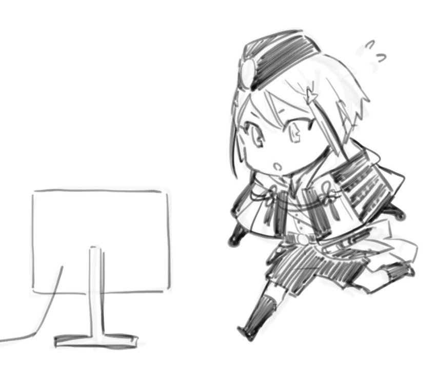 armor chibi computer flying_sweatdrops garrison_cap greyscale hat highres hyuuga_masamune japanese_armor male_focus monitor monochrome open_mouth running shoes shorts simple_background sketch solo tassel toboso_yana touken_ranbu white_background