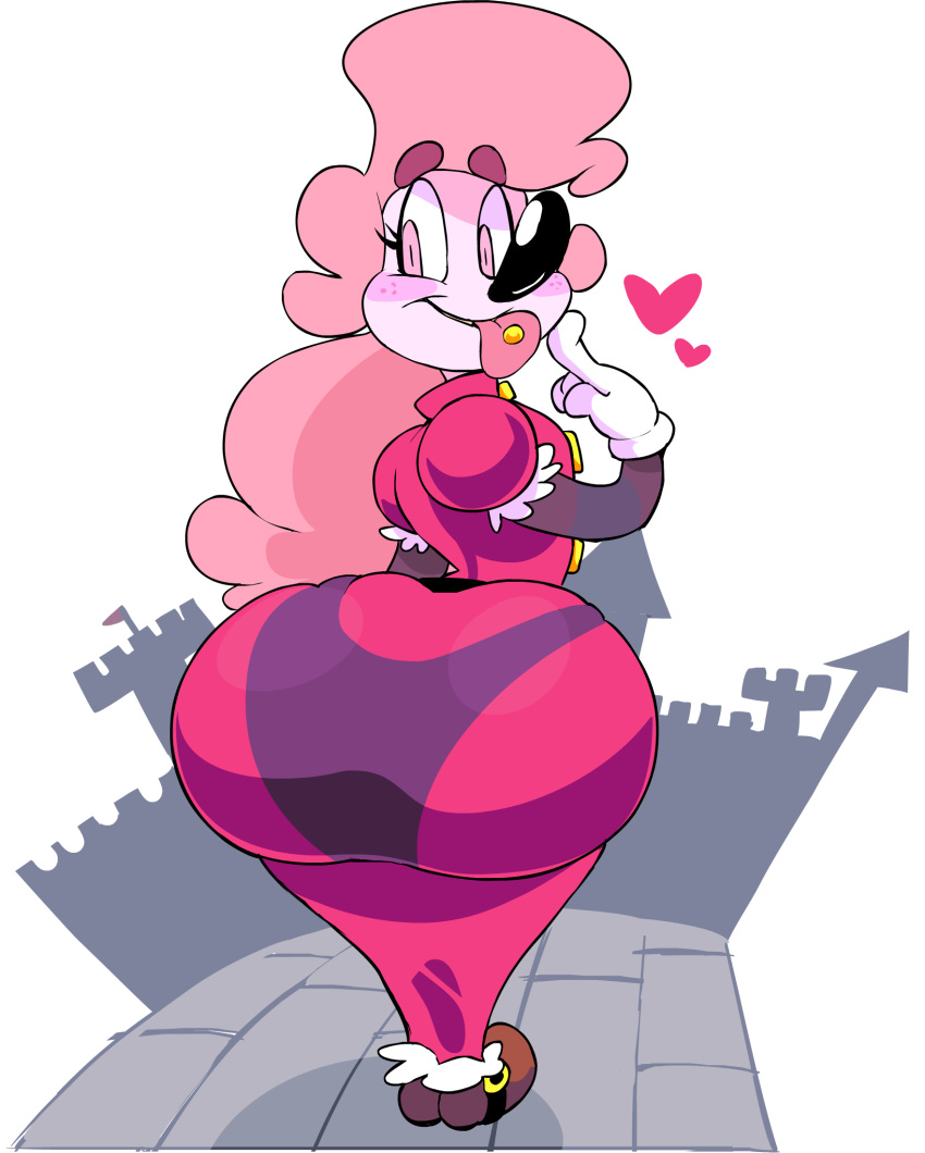 &lt;3 2018 ambiguous_gender big_butt big_nose butt castle clothing dress eyelashes gloves hair huge_butt humanoid looking_back mrs.mayhem not_furry panties piercing pink_hair solo standing thick_thighs tongue tongue_out tongue_piercing translucent underwear vimhomeless voluptuous wide_hips