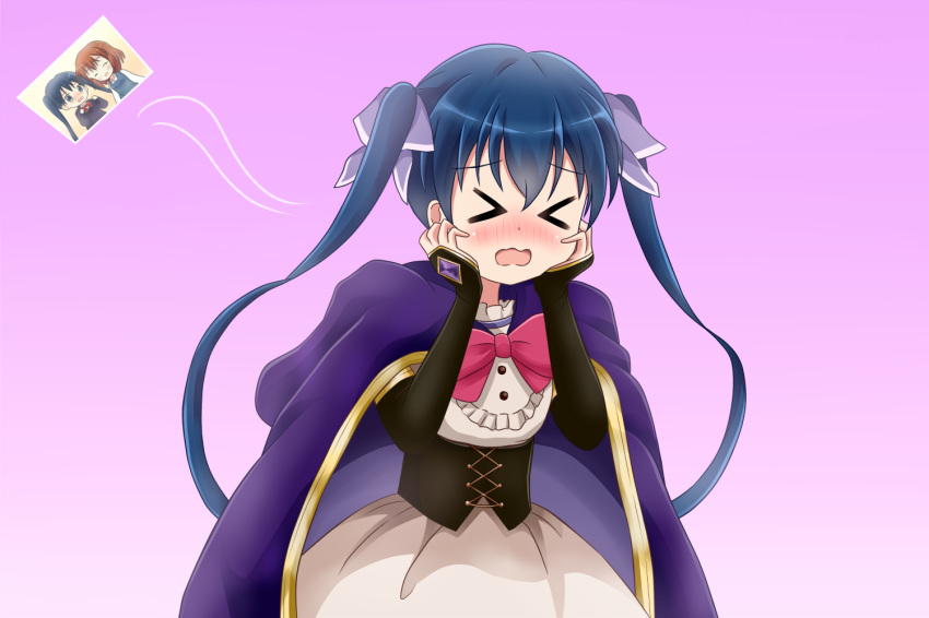 &gt;_&lt; ^_^ bangs blue_cardigan blue_eyes blue_hair blue_vest blush bow brown_hair cape cardigan closed_eyes commentary_request corset eyebrows_visible_through_hair gradient gradient_background hair_between_eyes hair_bow hands_on_own_cheeks hands_on_own_face imagining implied_yuri inokuma_youko kin-iro_mosaic kirara_fantasia komichi_aya koyuki_(azumaya999) long_hair long_sleeves nose_blush open_mouth pink_bow purple_background purple_bow purple_cape school_uniform shirt skirt sleeves_past_wrists solo twintails very_long_hair vest wavy_mouth white_shirt white_skirt