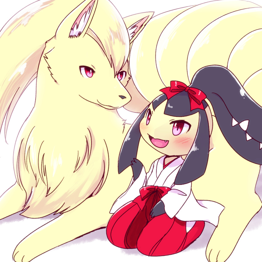 1girl animal_ears black_hair blush bow extra_mouth fang feet female fox_ears fox_tail full_body hair_bow hair_ornament hakama hand_up highres japanese_clothes kemoribon kimono kneeling long_sleeves mawile multiple_tails ninetales no_humans open_mouth paws pokemon pokemon_(creature) pokemon_rgby pokemon_rse red_bow red_eyes red_hakama seiza sharp_teeth simple_background sitting smile tail teeth white_background white_kimono