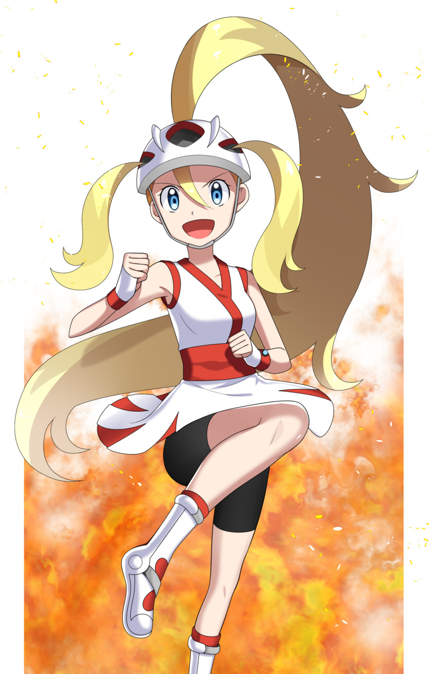 :d absurdres bike_shorts black_shorts blonde_hair blue_eyes dress floating_hair hair_between_eyes helmet high_ponytail highres koruni_(pokemon) leg_up long_hair open_mouth pokemon pokemon_(game) pokemon_xy red_legwear shorts sleeveless sleeveless_dress smile solo standing standing_on_one_leg tri_tails very_long_hair white_dress white_footwear yuihiko