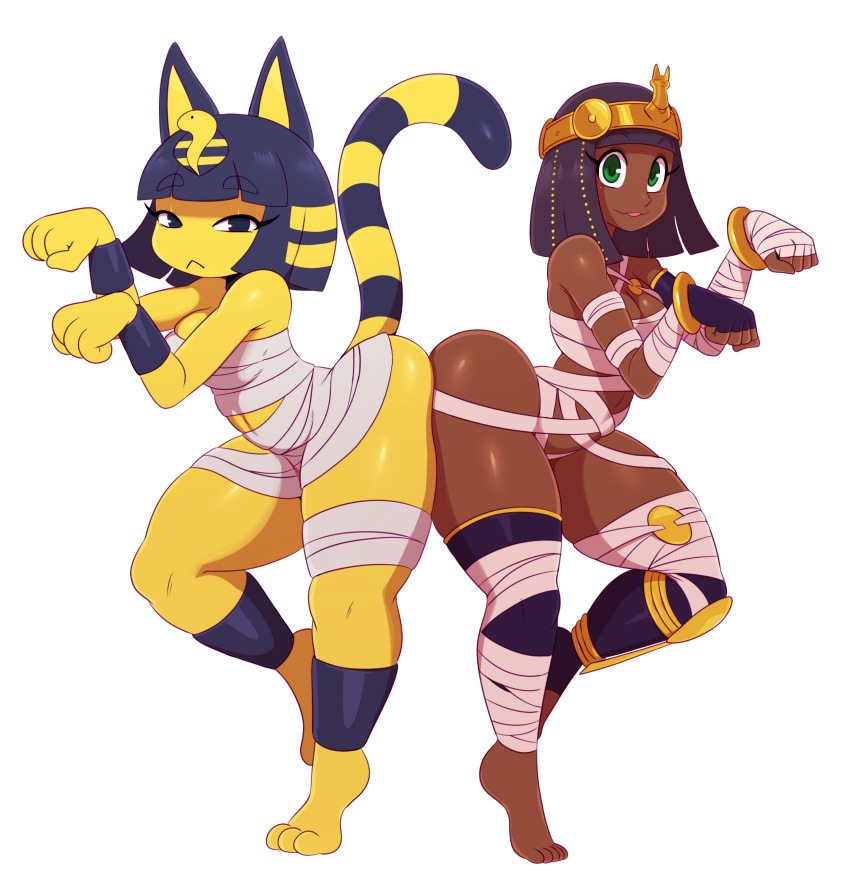 :&lt; :3 absurdres alternate_costume animal_ears ass-to-ass bandages bracelet bracer breasts cat_ears cat_tail cleavage crossover dark_skin doubutsu_no_mori egyptian_clothes eric_lowery fingerless_gloves furry gloves highres jewelry look-alike looking_at_viewer menat multiple_girls nile_(doubutsu_no_mori) paw_pose pose purple_hair simple_background street_fighter street_fighter_v tail tiara toes yellow_skin