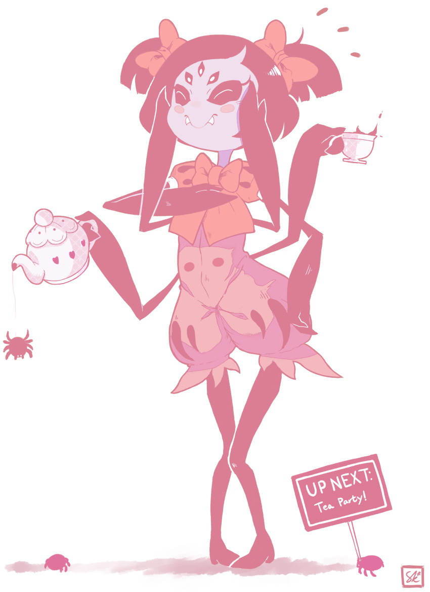 2015 absurd_res anthro arachnid arthropod black_hair blush clothing cup dress enecoo english_text eyes_closed fangs female feral grey_skin group hair hair_bow hair_ribbon hi_res muffet multi_eye multi_limb noseless ribbons sign simple_background smile solo_focus spider standing tea_cup tea_pot text undertale video_games white_background yuki-menoko