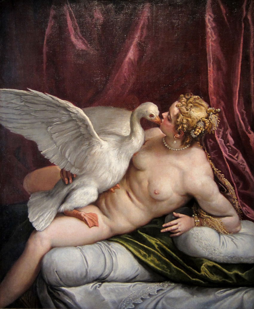 1585 avian bestiality bird breasts detailed_background duo feathers female female_on_feral feral greek_mythology human human_on_feral inside interspecies leda mammal mythology nipples nude paolo_veronese sex size_difference slightly_chubby swan tail_feathers traditional_media_(artwork) white_feathers zeus