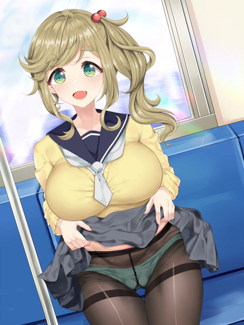 :d aqua_panties bangs belly_peek black_legwear blush breasts brown_hair cowboy_shot crotch_seam dutch_angle error_dot eyebrows_visible_through_hair fang green_eyes gusset hair_bobbles hair_ornament highres inuyama_aoi large_breasts lifted_by_self long_hair long_sleeves looking_at_viewer navel neckerchief nipples open_mouth panties panties_under_pantyhose pantyhose pleated_skirt sailor_collar school_uniform serafuku side_ponytail skirt skirt_lift smile solo standing sweater thick_eyebrows thigh_gap thighband_pantyhose underwear window yurucamp