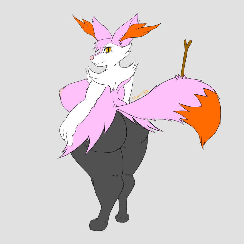 alternate_color anthro areola big_breasts big_butt braixen breasts butt canine cute_fangs digitigrade eyelashes female fur hand_on_hip hi_res huge_breasts huge_butt huge_thighs hyper hyper_butt inner_ear_fluff large_hands looking_at_viewer mammal nintendo nipples pink_fur pok&eacute;mon pok&eacute;mon_(species) rear_view short_stack simple_background slightly_chubby smile solo stamin-up standing stick video_games voluptuous wide_hips yellow_eyes