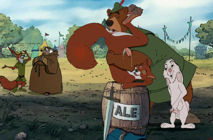 age_difference ale anal animal_genitalia anthro aroused badger balls bear butt canine dialogue disney drooling father father_and_son fell fox friar_tuck hindpaw interspecies lagomorph licking little_john male male/male mammal melee_weapon mustelid oral parent paws penis precum rabbit red_fox rimming robin_hood saliva sex sheath size_difference skippy son sword tongue tongue_out tunic weapon yiffykicks